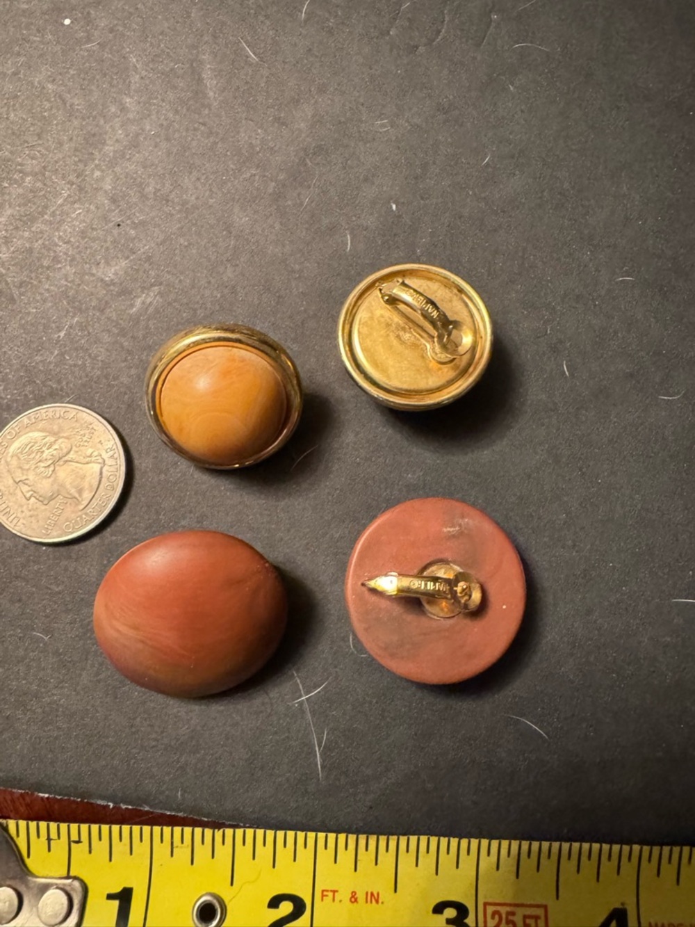 Vintage Napier Brown Marbled Button Clip Earrings with Gold Tone Backs